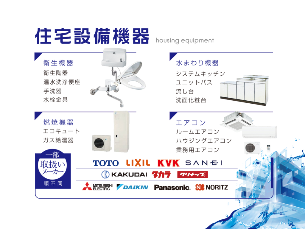 トイレや水栓、キッチンなどの水回り機器やエアコン、エコキュート、ガス給湯器などの空調機器も取り扱ってます